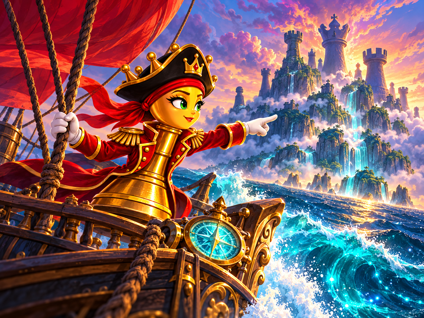 A golden pirate queen sailing toward a waterfall island fortress