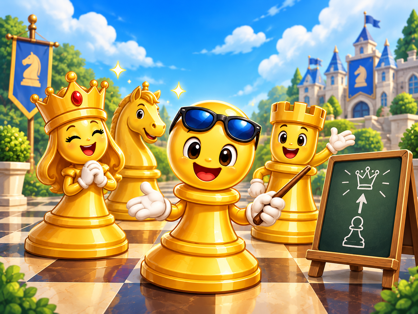 Golden chess friends teaching a lesson in a sunlit castle plaza