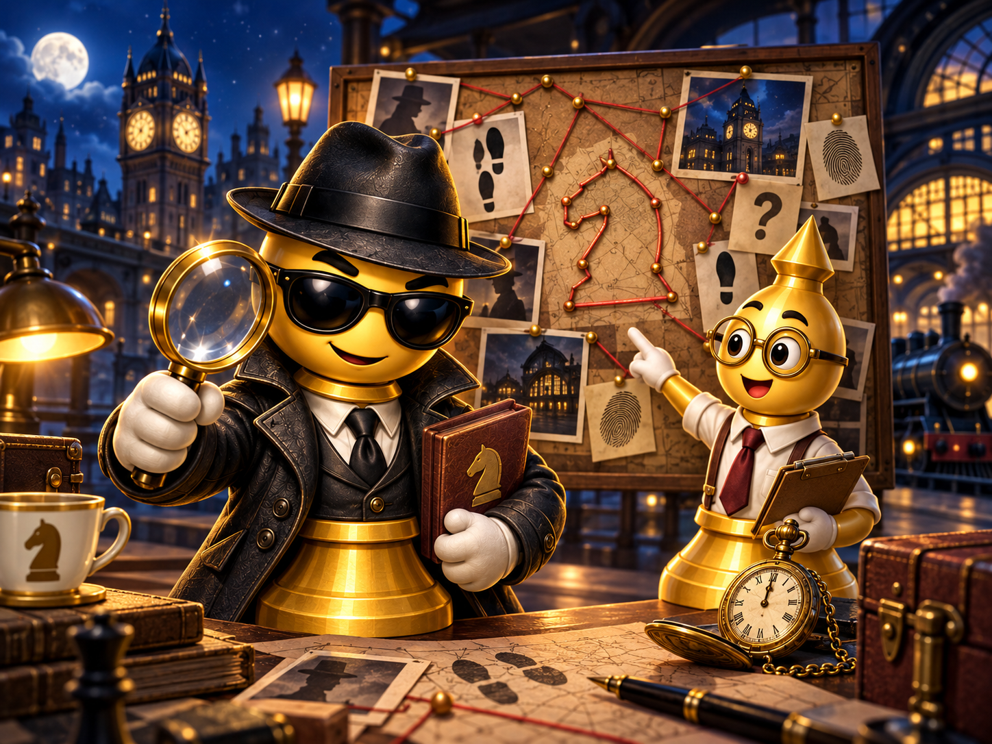 Golden chess detectives investigating clues in a moonlit city