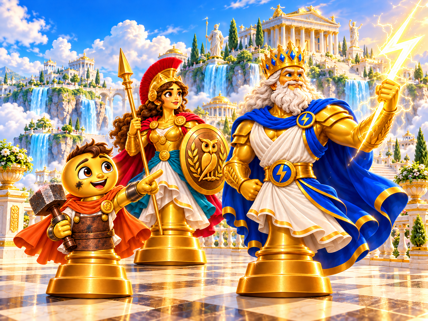 Golden Olympian chess heroes standing above the clouds