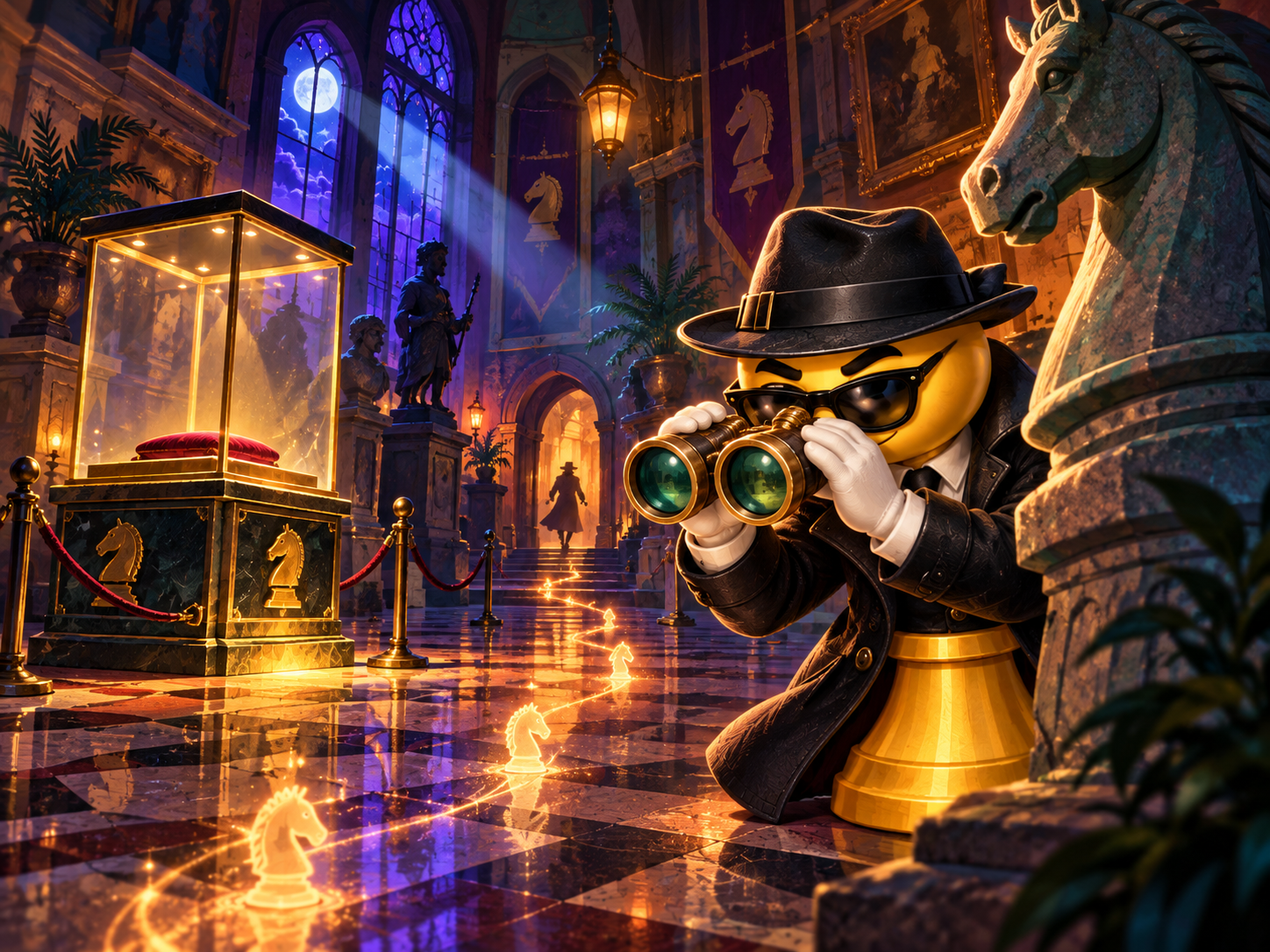 A golden chess detective examining clues in a midnight museum