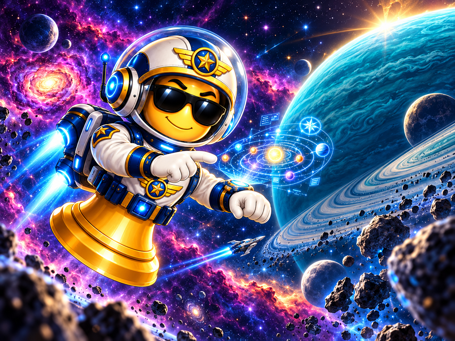 Cadet Pawn on a cosmic star mission among the planets