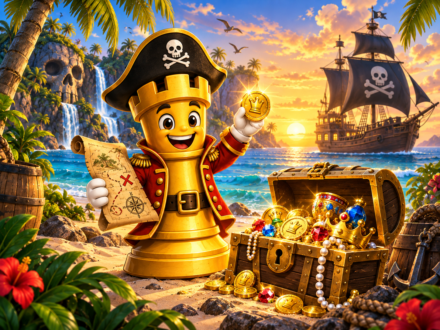 A golden pirate rook discovering a treasure chest beside his ship
